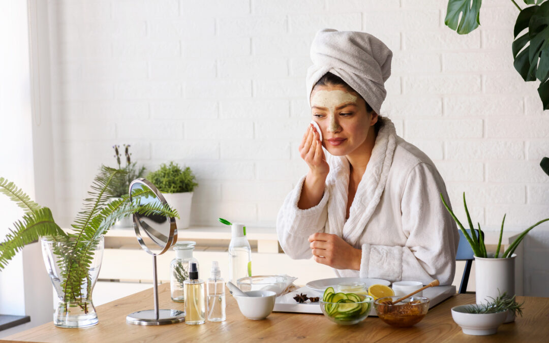 Woman at home having skin care routine. Concept of natural cosmetics skin care.